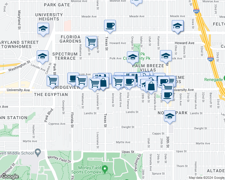map of restaurants, bars, coffee shops, grocery stores, and more near 3822 1/2 Arizona Street in San Diego