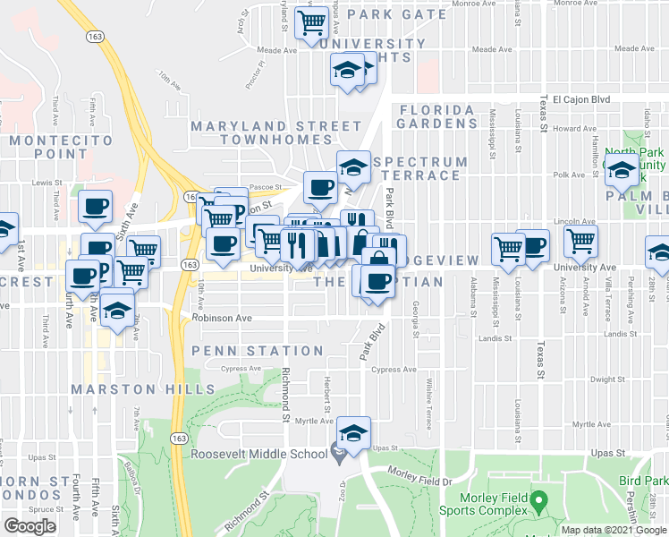 map of restaurants, bars, coffee shops, grocery stores, and more near 3824 Centre Street in San Diego