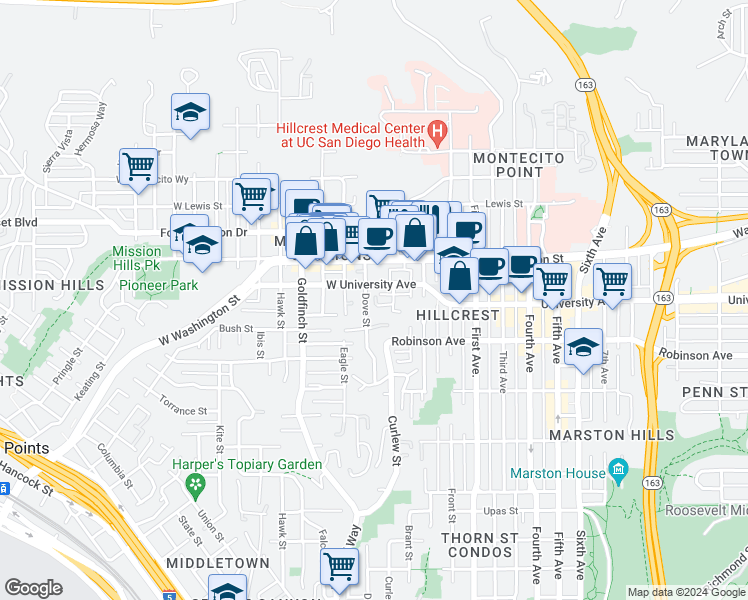 map of restaurants, bars, coffee shops, grocery stores, and more near 425 University Place in San Diego
