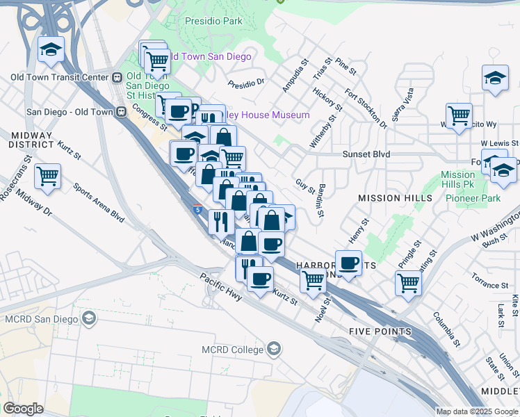 map of restaurants, bars, coffee shops, grocery stores, and more near 3906 West California Street in San Diego