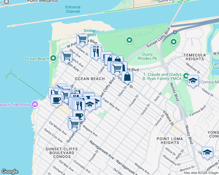 map of restaurants, bars, coffee shops, grocery stores, and more near 4790 Brighton Avenue in San Diego