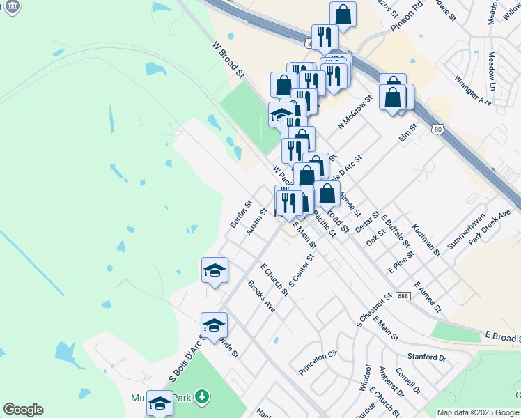 map of restaurants, bars, coffee shops, grocery stores, and more near 306 Austin Street in Forney
