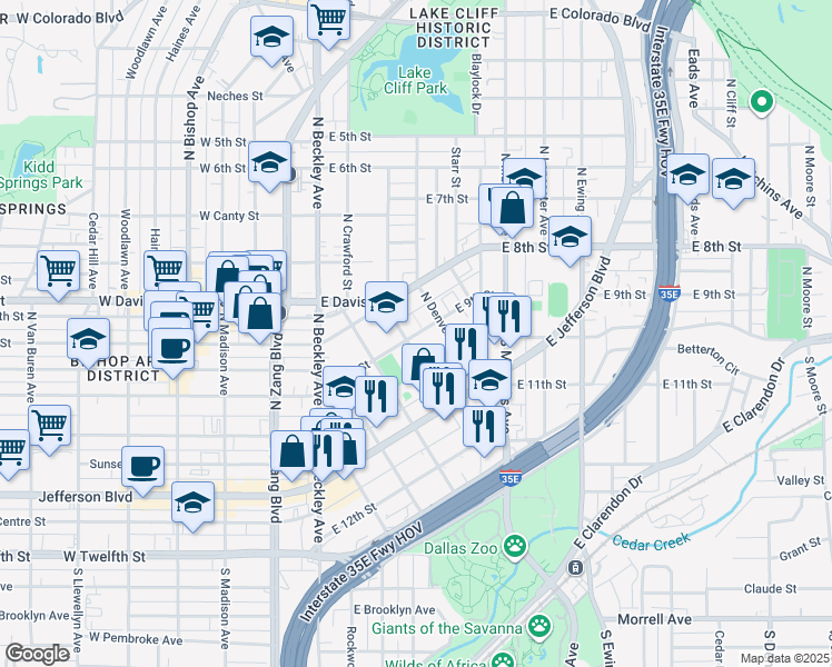 map of restaurants, bars, coffee shops, grocery stores, and more near 404 East 9th Street in Dallas