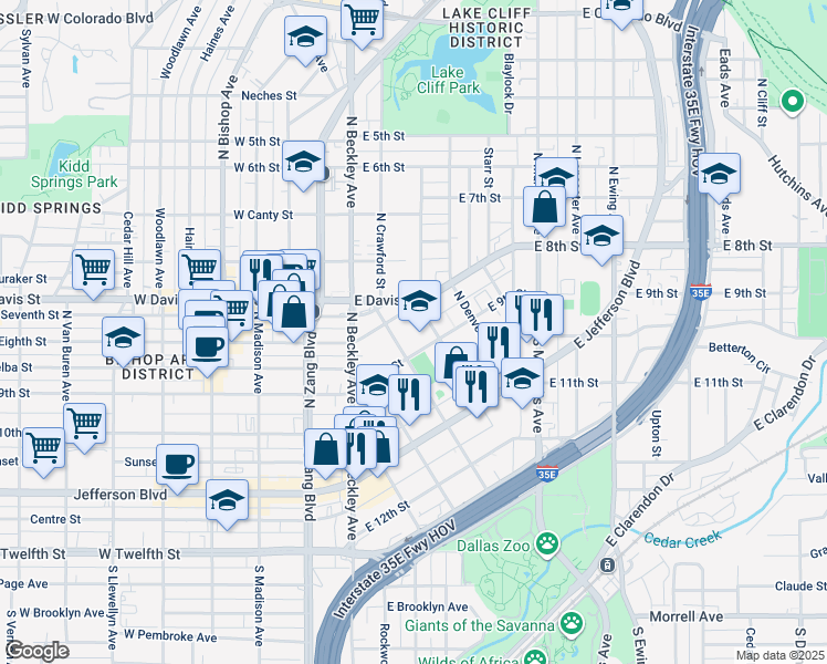 map of restaurants, bars, coffee shops, grocery stores, and more near 208 South Crawford Street in Dallas