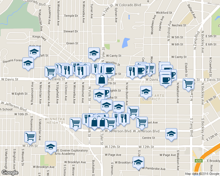 map of restaurants, bars, coffee shops, grocery stores, and more near 829 West Eighth Street in Dallas
