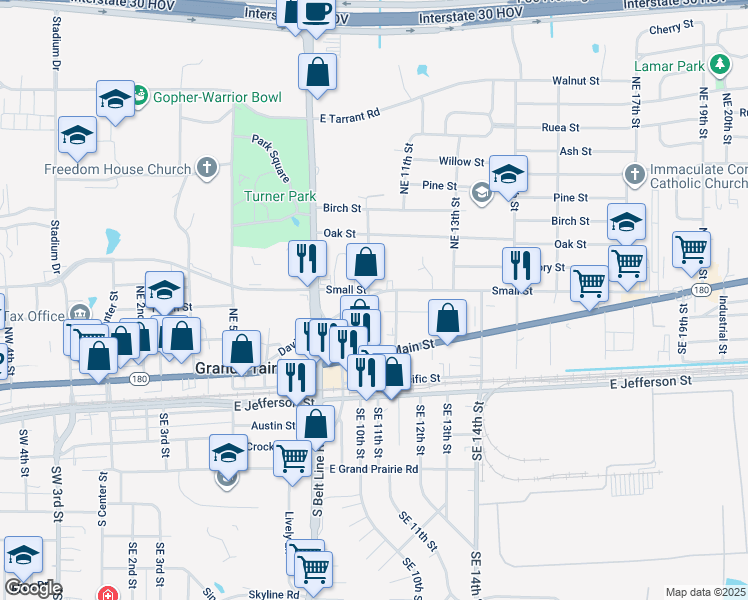 map of restaurants, bars, coffee shops, grocery stores, and more near 1018 Rice Street in Grand Prairie