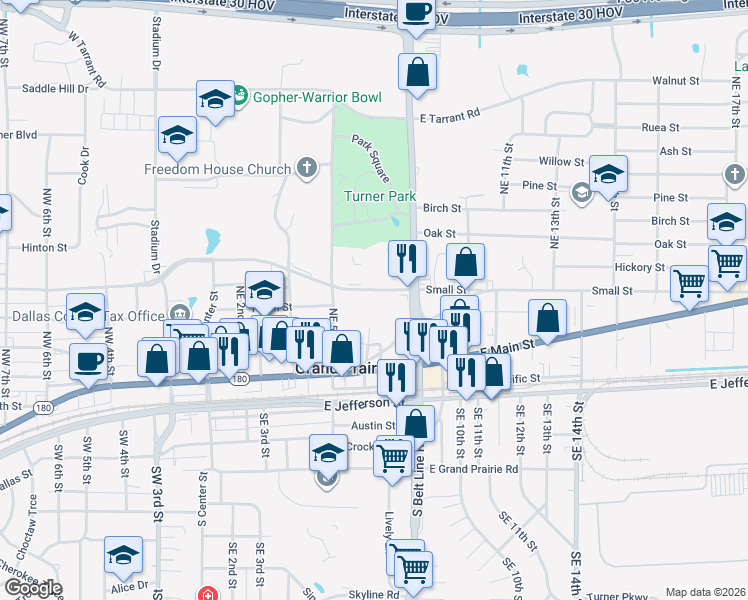 map of restaurants, bars, coffee shops, grocery stores, and more near 615 Small Hill Drive in Grand Prairie