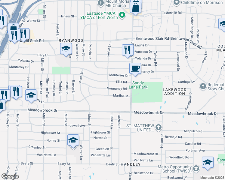 map of restaurants, bars, coffee shops, grocery stores, and more near 7305 Martha Lane in Fort Worth