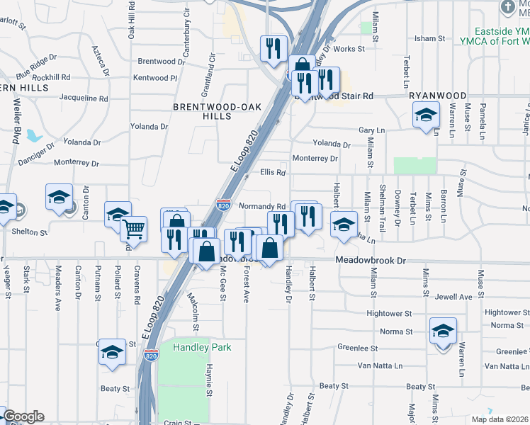 map of restaurants, bars, coffee shops, grocery stores, and more near 780 The Heights Drive in Fort Worth
