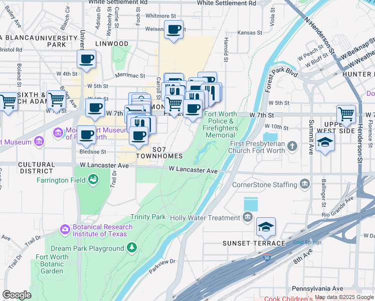 map of restaurants, bars, coffee shops, grocery stores, and more near 2200 Trinity Park Drive in Fort Worth