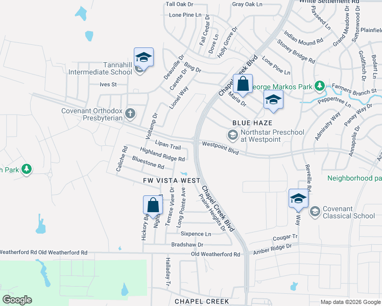 map of restaurants, bars, coffee shops, grocery stores, and more near 10534 Highland Ridge Road in Fort Worth