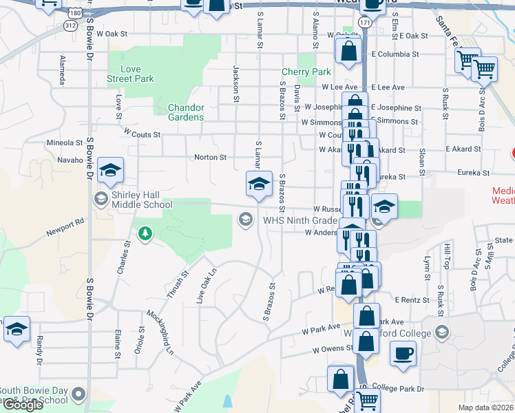 map of restaurants, bars, coffee shops, grocery stores, and more near 501 West Russell Street in Weatherford