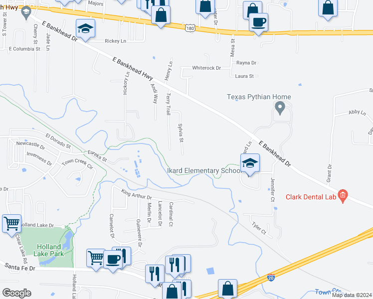 map of restaurants, bars, coffee shops, grocery stores, and more near 947 Sylvia Street in Weatherford