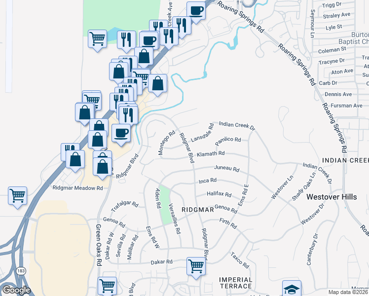 map of restaurants, bars, coffee shops, grocery stores, and more near 6404 Klamath Road in Fort Worth