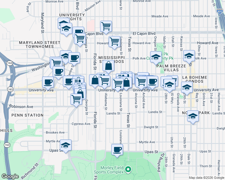 map of restaurants, bars, coffee shops, grocery stores, and more near Mississippi Street in San Diego