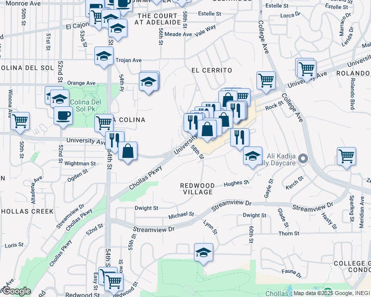 map of restaurants, bars, coffee shops, grocery stores, and more near 5757 University Avenue in San Diego