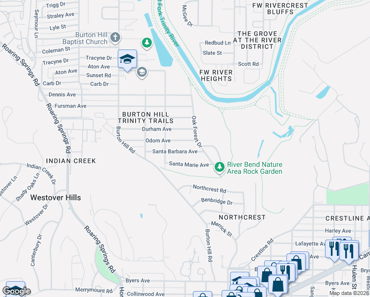 map of restaurants, bars, coffee shops, grocery stores, and more near 5433 Santa Barbara Avenue in Fort Worth