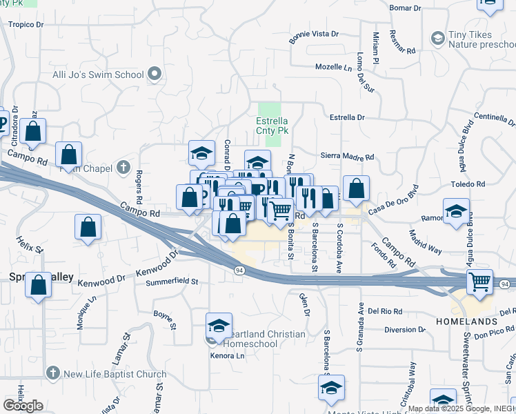 map of restaurants, bars, coffee shops, grocery stores, and more near 9716 Campo Rd in Spring Valley