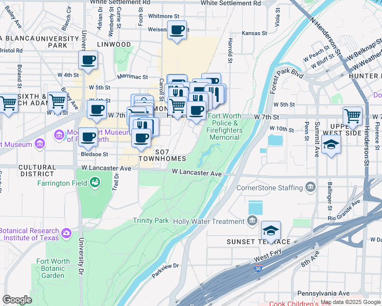 map of restaurants, bars, coffee shops, grocery stores, and more near 2501 Museum Way in Fort Worth