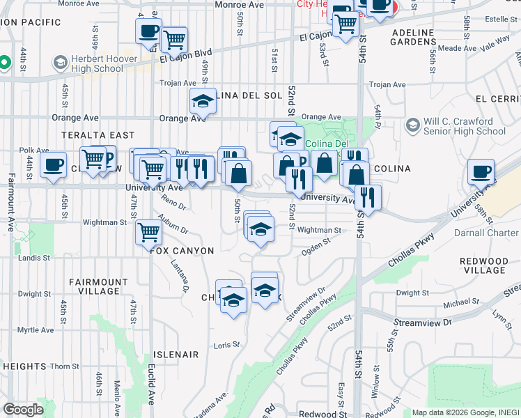 map of restaurants, bars, coffee shops, grocery stores, and more near 5055 University Avenue in San Diego