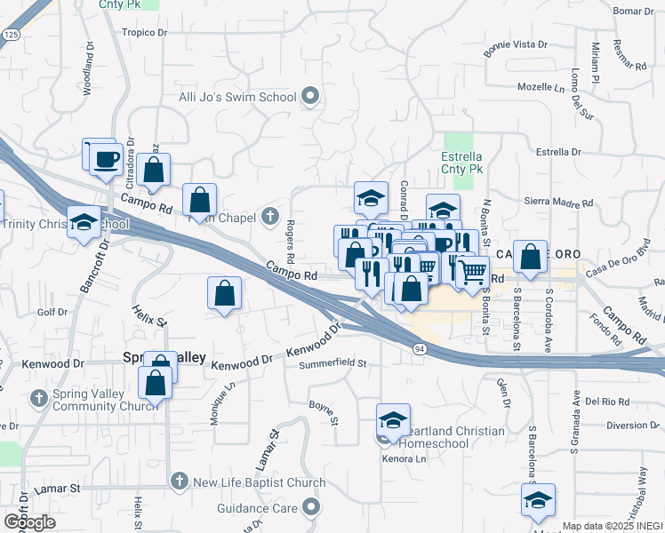 map of restaurants, bars, coffee shops, grocery stores, and more near 9564 Campo Road in Spring Valley