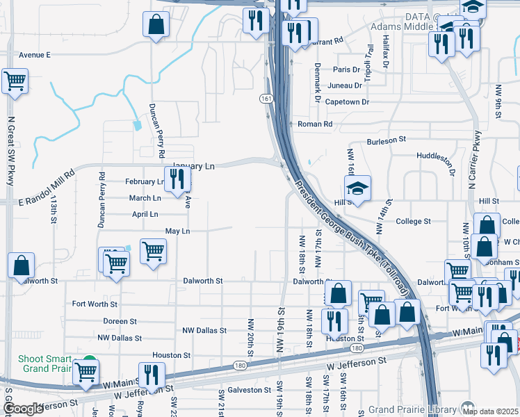 map of restaurants, bars, coffee shops, grocery stores, and more near 19 Northwest 20th Street in Grand Prairie