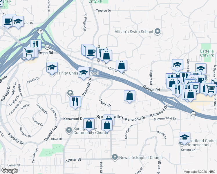 map of restaurants, bars, coffee shops, grocery stores, and more near 3820 Helix Street in Spring Valley