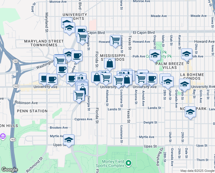map of restaurants, bars, coffee shops, grocery stores, and more near University Ave & Alabama St in San Diego