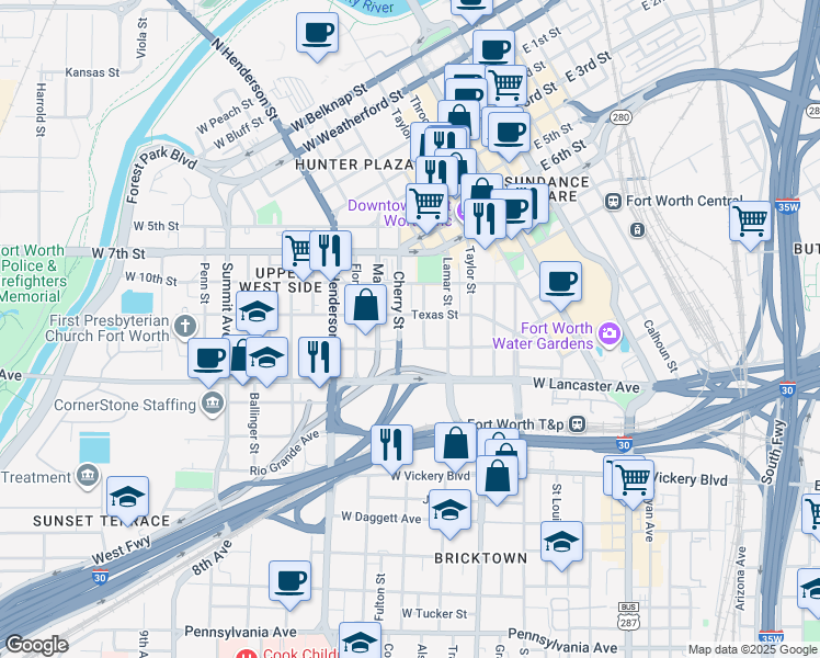 map of restaurants, bars, coffee shops, grocery stores, and more near 1012 Burnett Street in Fort Worth