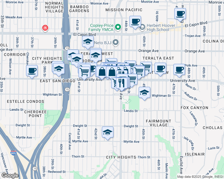 map of restaurants, bars, coffee shops, grocery stores, and more near 3840 43rd Street in San Diego
