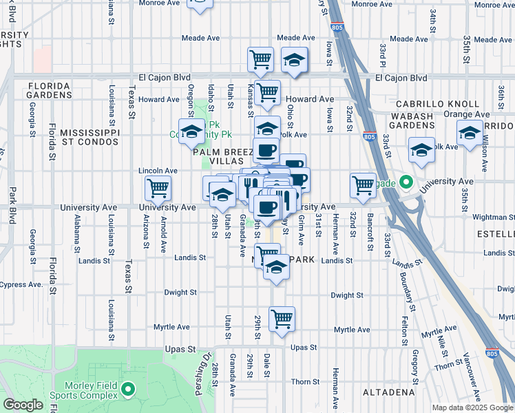 map of restaurants, bars, coffee shops, grocery stores, and more near 6421 29th Street in San Diego