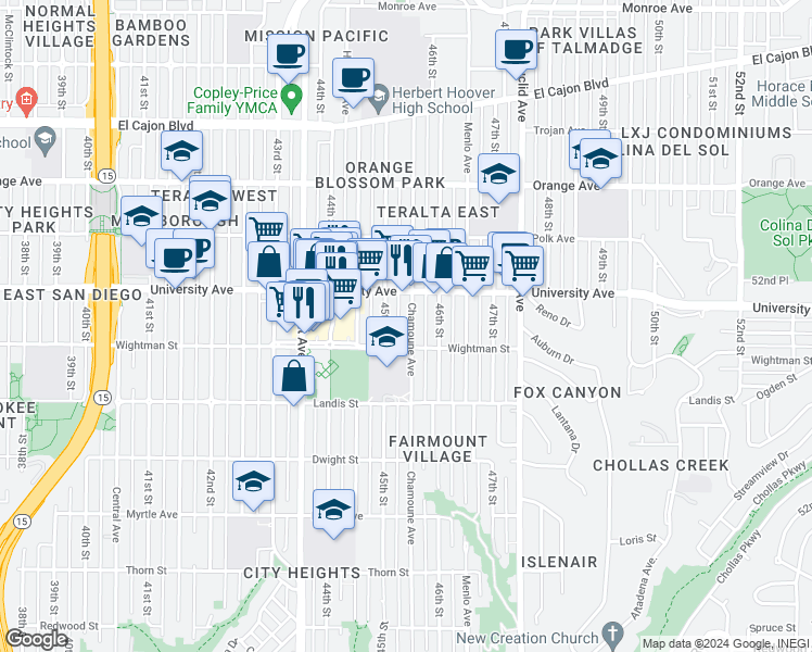 map of restaurants, bars, coffee shops, grocery stores, and more near 3811 45th Street in San Diego