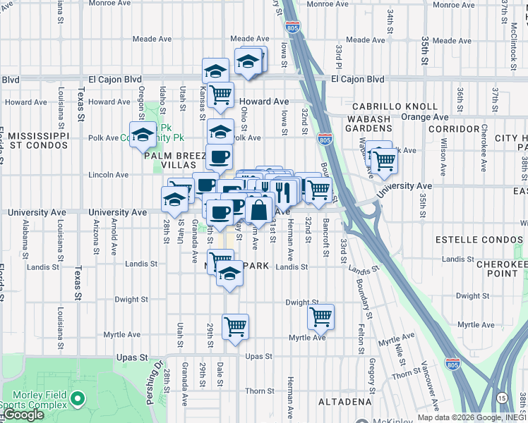 map of restaurants, bars, coffee shops, grocery stores, and more near in San Diego