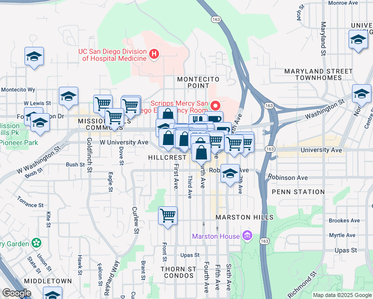 map of restaurants, bars, coffee shops, grocery stores, and more near 3853 1st Avenue in San Diego