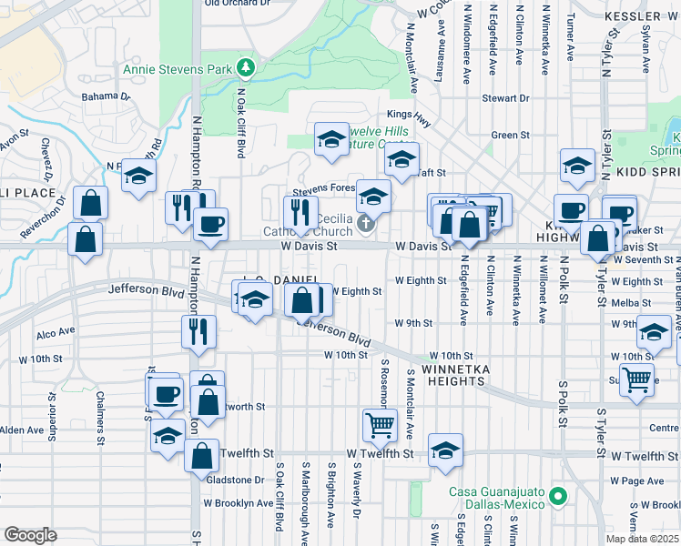 map of restaurants, bars, coffee shops, grocery stores, and more near 324 North Brighton Avenue in Dallas