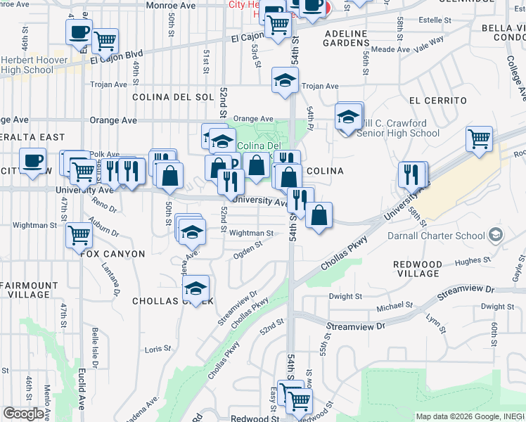 map of restaurants, bars, coffee shops, grocery stores, and more near 5310 Rex Avenue in San Diego