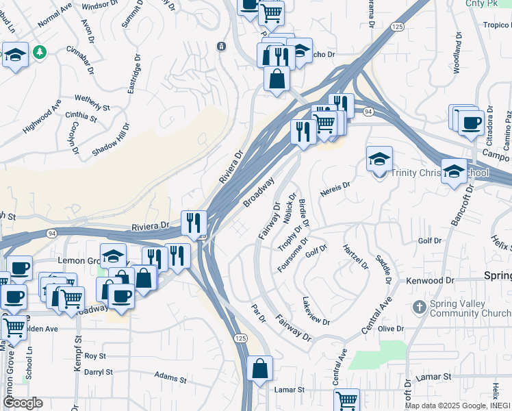 map of restaurants, bars, coffee shops, grocery stores, and more near 8427 Broadway in Lemon Grove
