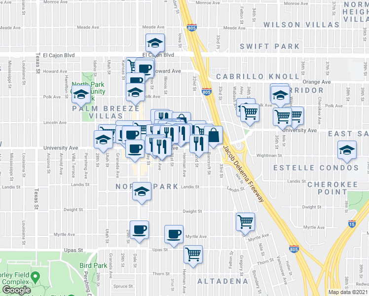 map of restaurants, bars, coffee shops, grocery stores, and more near University Avenue & Herman Avenue in San Diego
