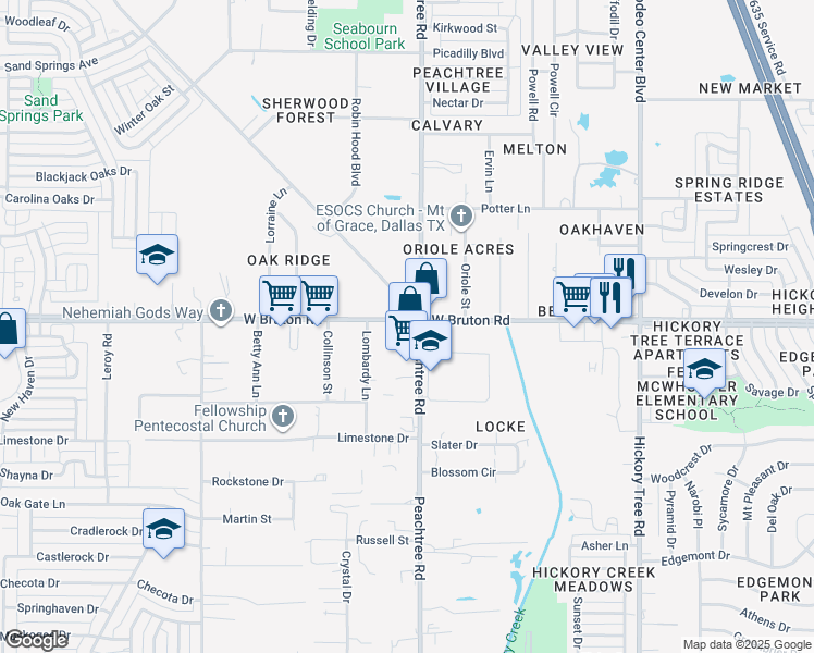map of restaurants, bars, coffee shops, grocery stores, and more near 1503 South Peachtree Road in Balch Springs