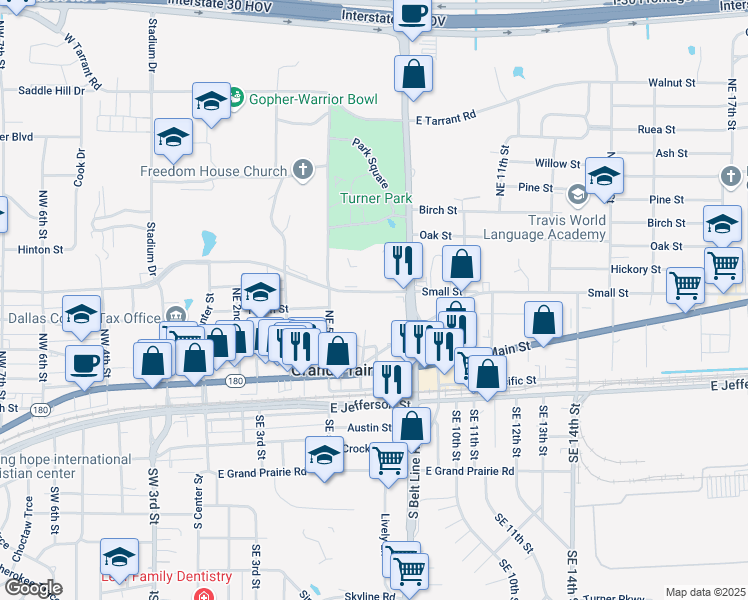 map of restaurants, bars, coffee shops, grocery stores, and more near 615 Small Hill Drive in Grand Prairie