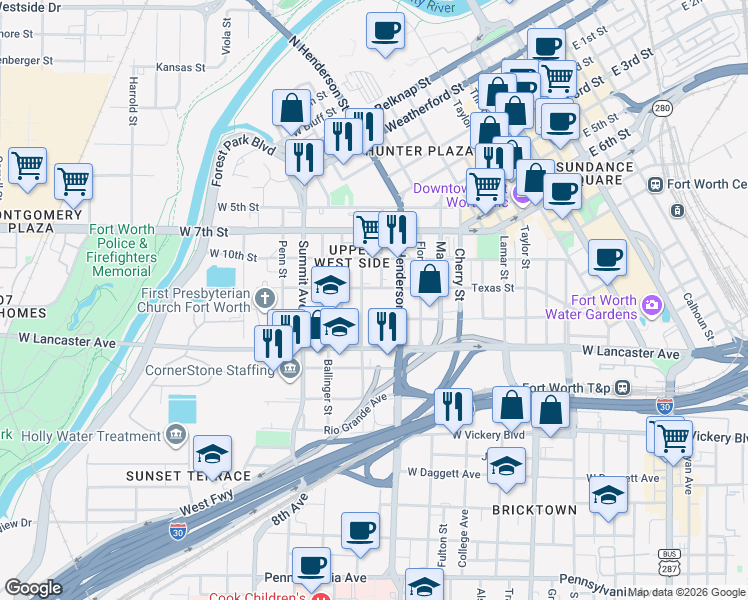 map of restaurants, bars, coffee shops, grocery stores, and more near 1101 Texas Street in Fort Worth