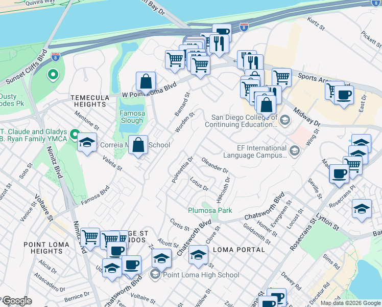 map of restaurants, bars, coffee shops, grocery stores, and more near 2812 Poinsettia Drive in San Diego
