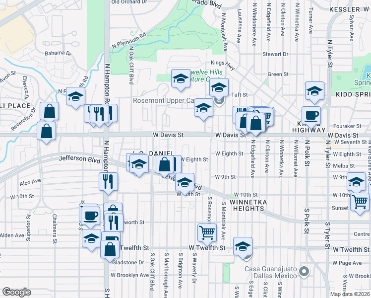 map of restaurants, bars, coffee shops, grocery stores, and more near 324 North Brighton Avenue in Dallas