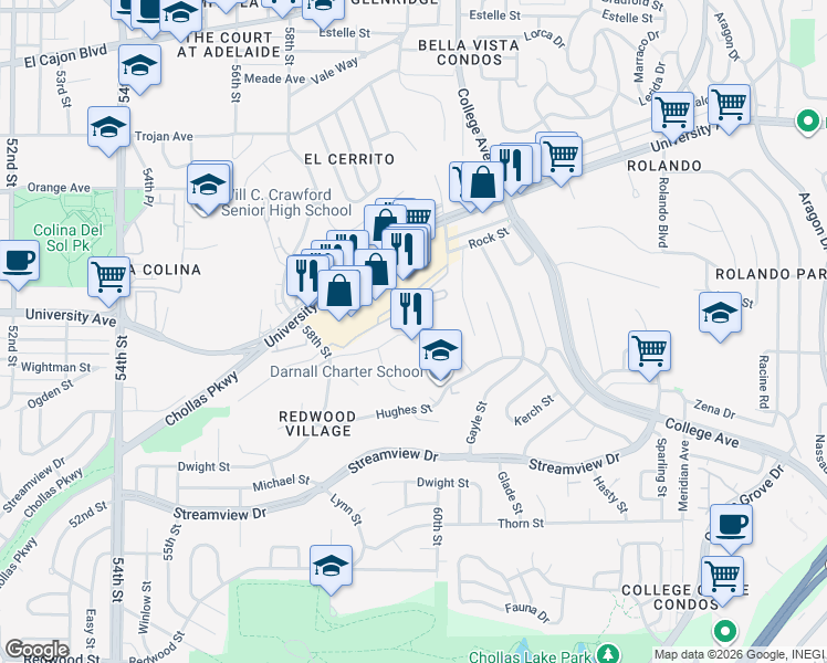 map of restaurants, bars, coffee shops, grocery stores, and more near 5990 Dandridge Lane in San Diego