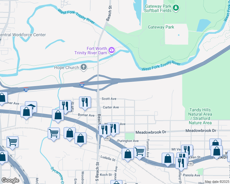 map of restaurants, bars, coffee shops, grocery stores, and more near 2703 Scott Ave in Fort Worth