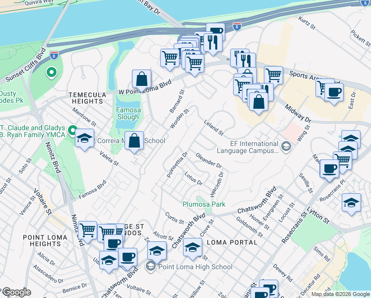 map of restaurants, bars, coffee shops, grocery stores, and more near 2812 Poinsettia Drive in San Diego