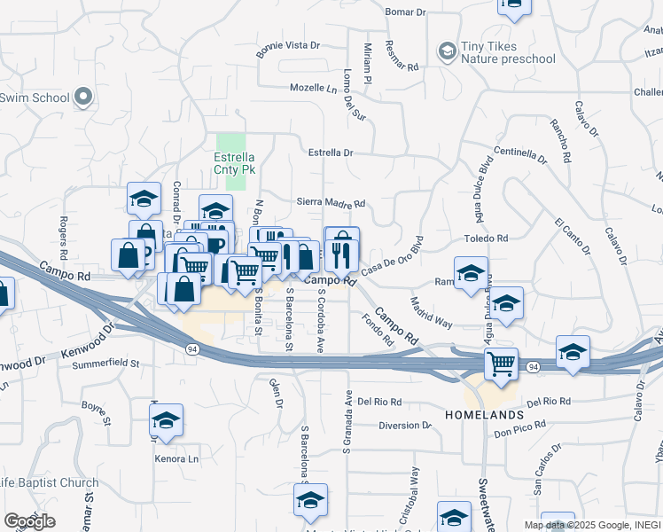 map of restaurants, bars, coffee shops, grocery stores, and more near 3911 North Cordoba Avenue in Spring Valley