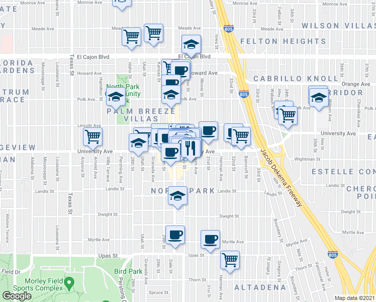 map of restaurants, bars, coffee shops, grocery stores, and more near University Avenue & Ohio Street in San Diego