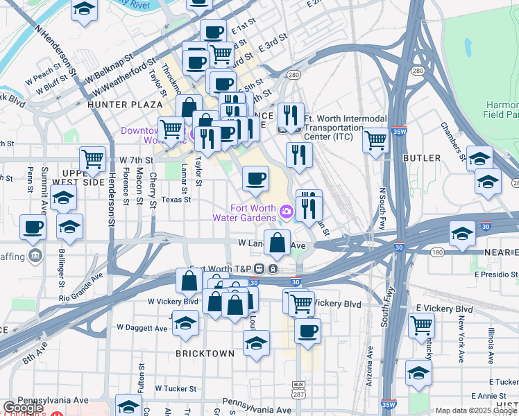map of restaurants, bars, coffee shops, grocery stores, and more near 1346 Houston Street in Fort Worth