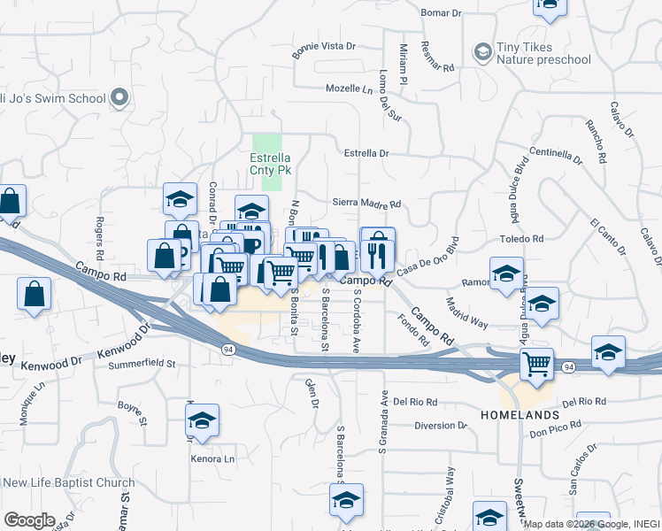 map of restaurants, bars, coffee shops, grocery stores, and more near in Casa de Oro-Mount Helix